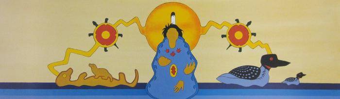 Drawing of a central female figure holding a child-like form, an orange-yellow circle is behind her head, yellow zig-zag lines extend out to the right and left and next to her sits an animal on her right and a loon on her left